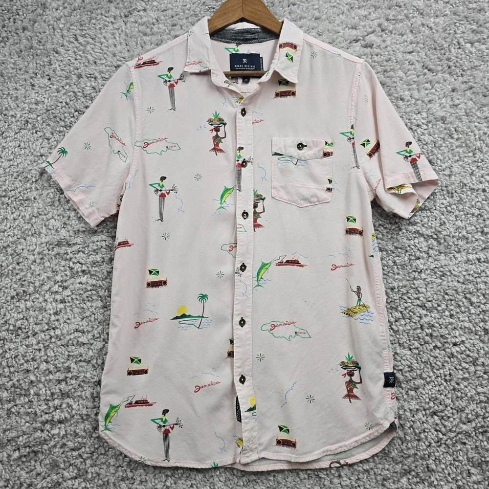 Roark Revival Men Jamaica Print‎ Button Up Shirt Size M Tropical Vacation Resort